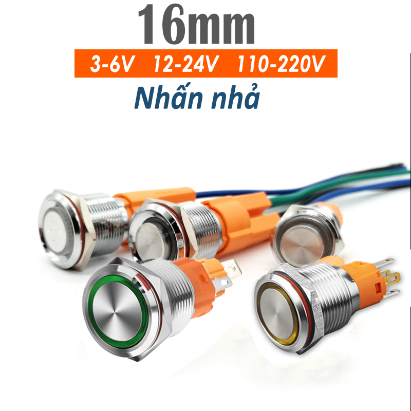 Nút công tắc, Nút nguồn Nhấn nhả, Nhấn đề 16mm (3-6V, 12-24V, 110-220V) Vỏ INOX chống nước