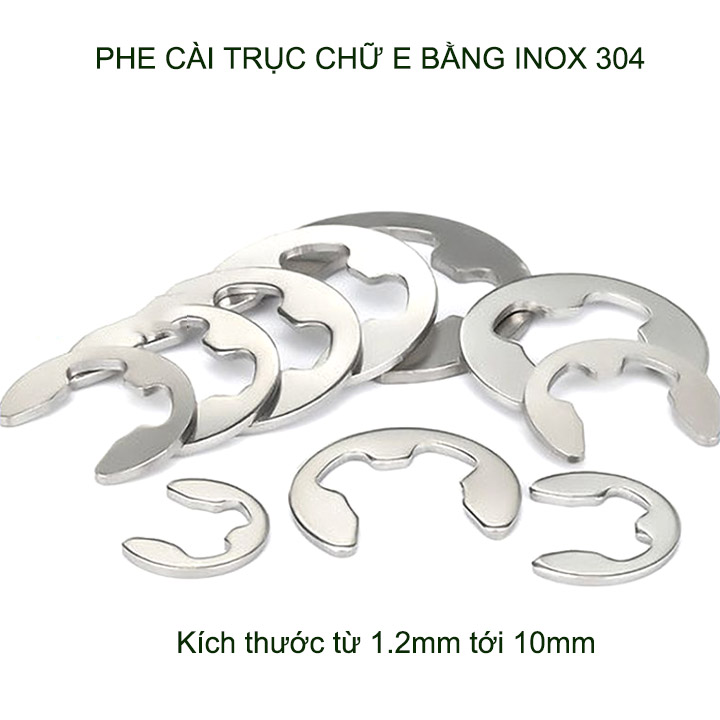 Combo bộ 10 chốt gài trục chữ E, phe cài trục bằng inox 304, nhiều cỡ tùy chọn