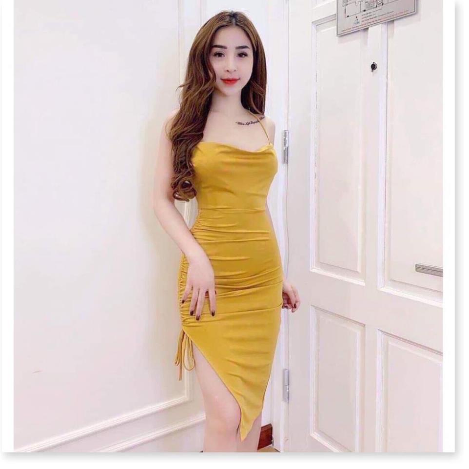 TSO-Ảnh thật, Đầm ôm body 2 dây cổ đổ có mút ngực, rút dây 2 bên trắng, đen, nude, vàng, cam, đỏ thời trang sexy gợi cảm