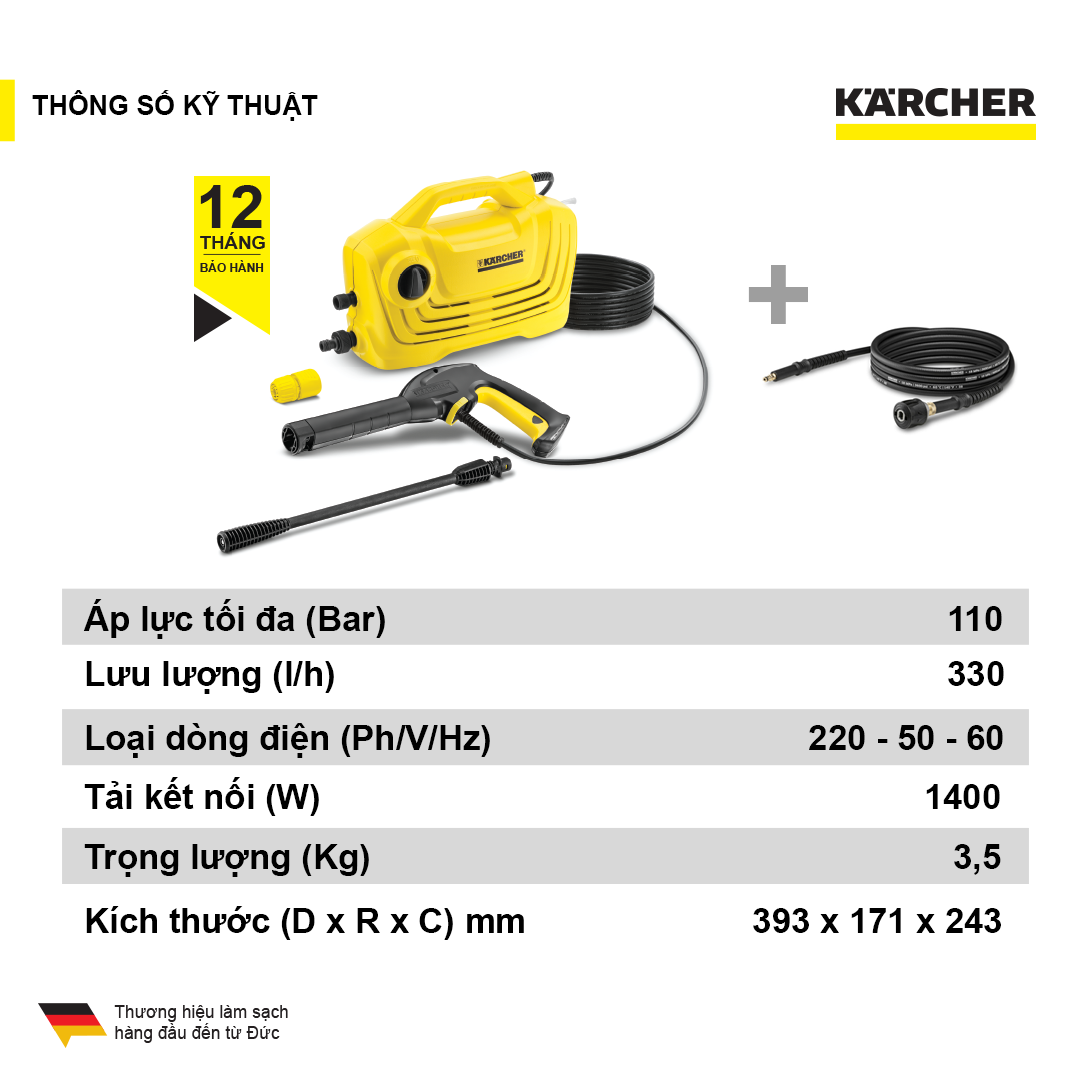 Máy xịt rửa xe 1400W KARCHER K2 CLASSIC 9M Plus, máy rửa xe cao áp 110Bar kèm dây xịt 9m và phụ kiện - Karcher chính hãng