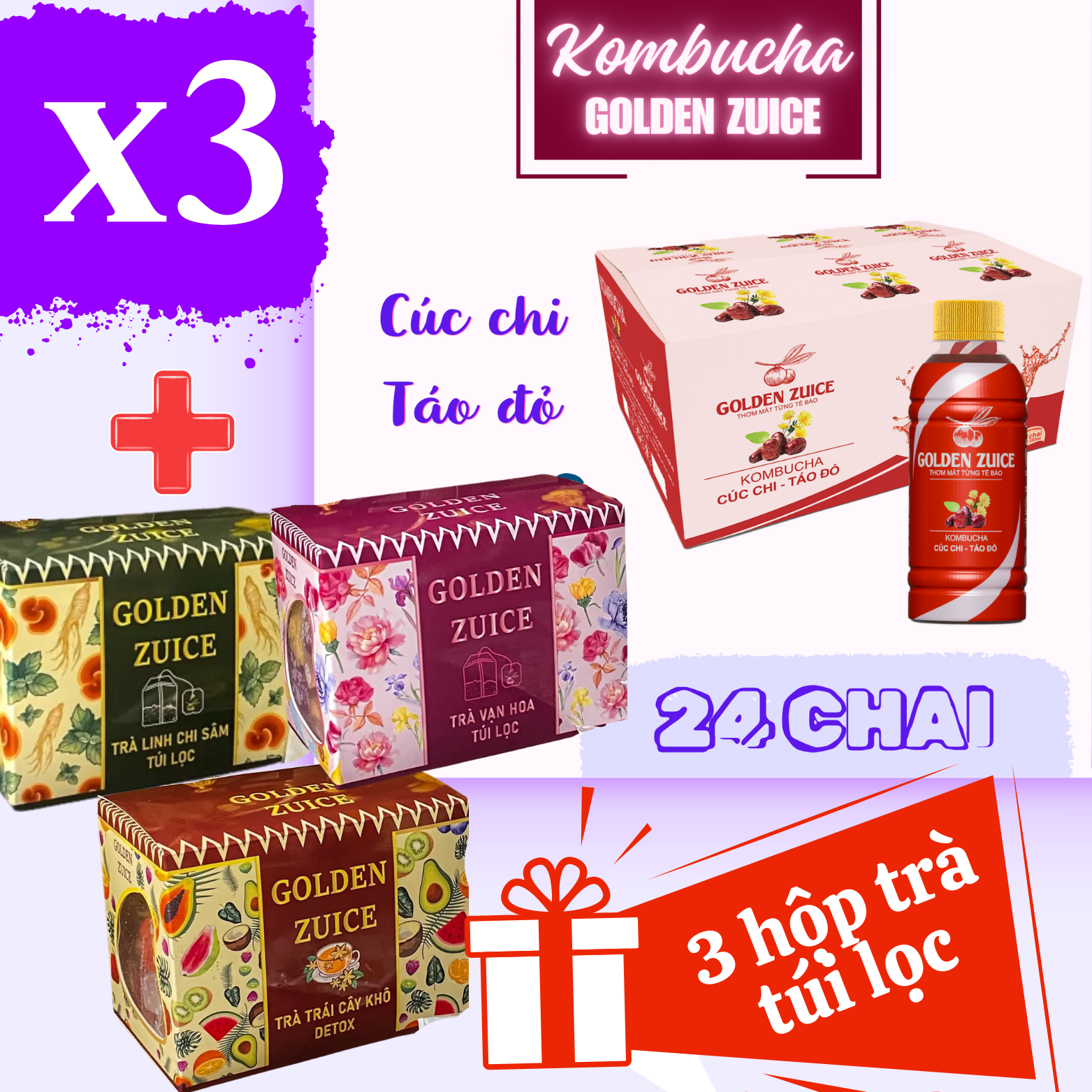 Combo 3 thùng Kombucha Golden Zuice chai 350 ML