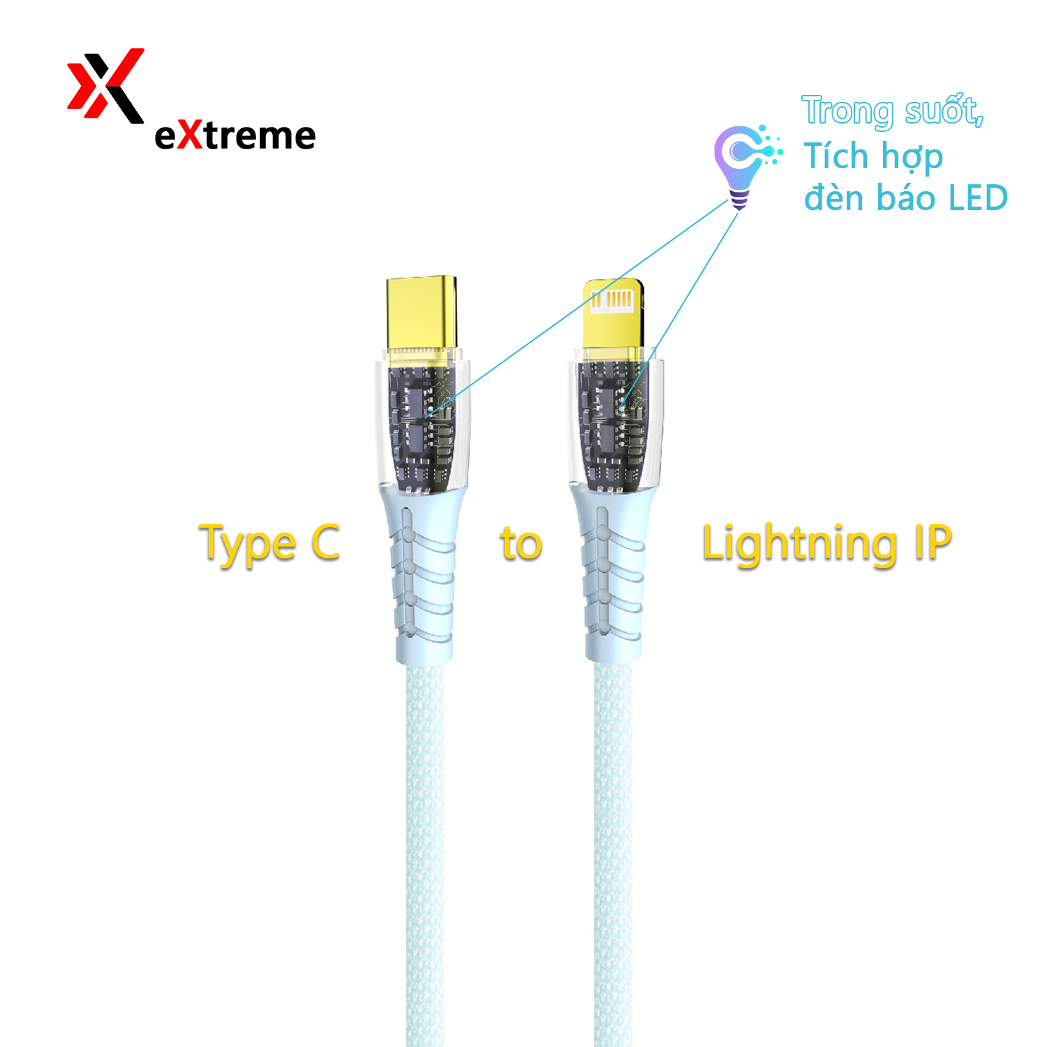 Dây Cáp eXtreme DS4211 Đầu Type C Sang Đầu Light.ning lphone Tích Hợp Đèn LED 2 Đầu, Sạc Nhanh Hỗ Trợ Truyền Dữ Liệu - Hàng chính hãng