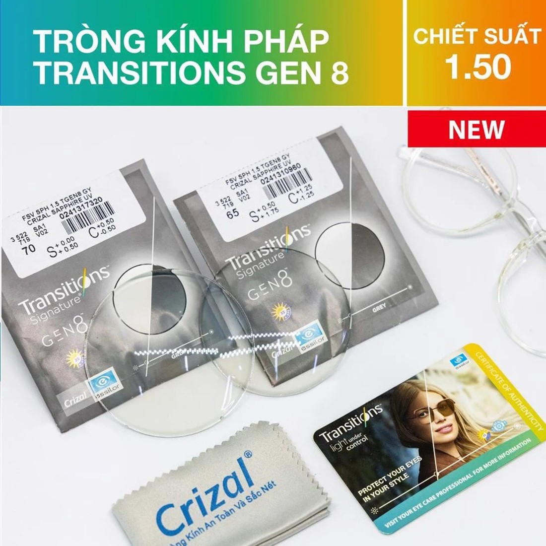 Tròng đổi màu Transitions Gen8 chuyển màu nhanh, đổi màu đậm hơn và độ bền màu cao (1 cặp)