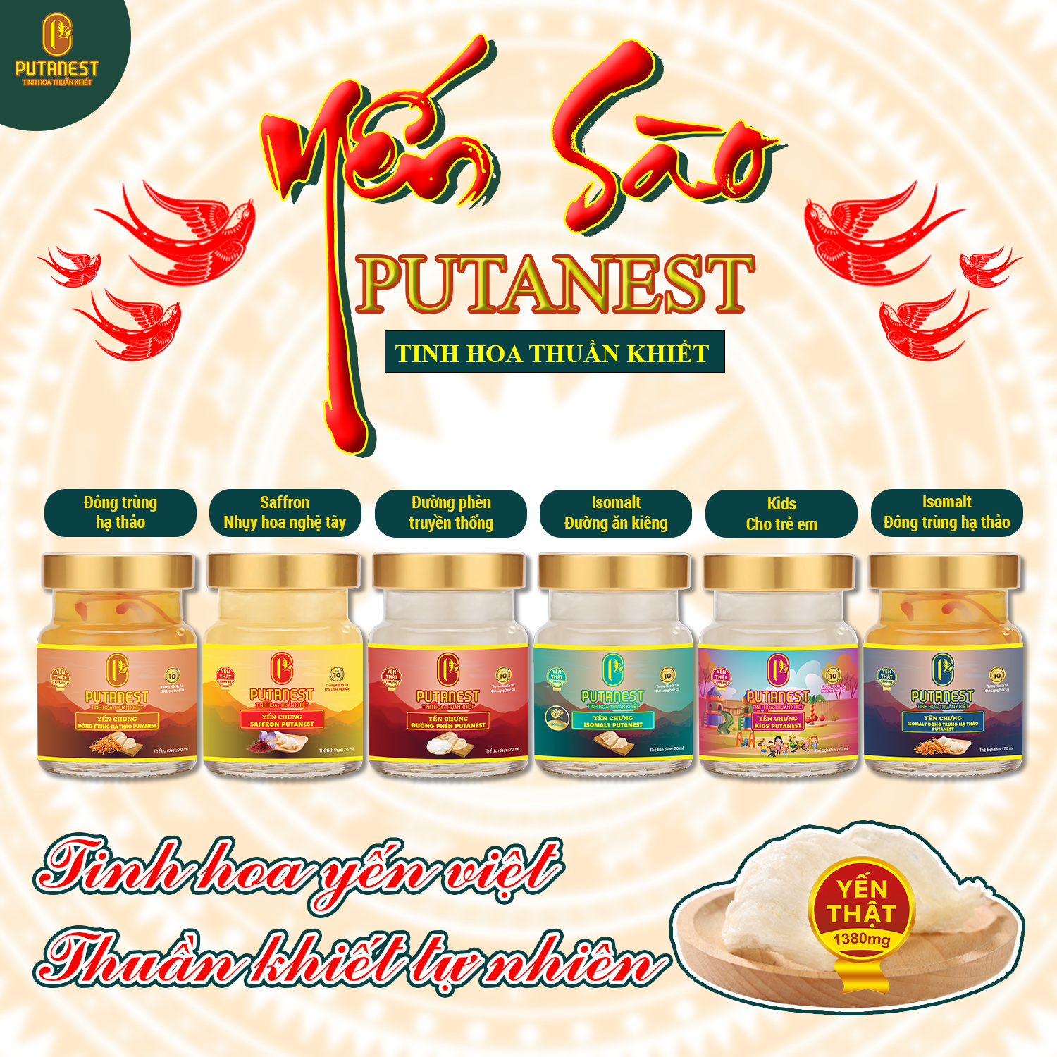 Yến chưng Đông trùng hạ thảo PUTANEST hộp quà tặng cao cấp 12 hũ 70ml đẹp da tăng sức đề kháng