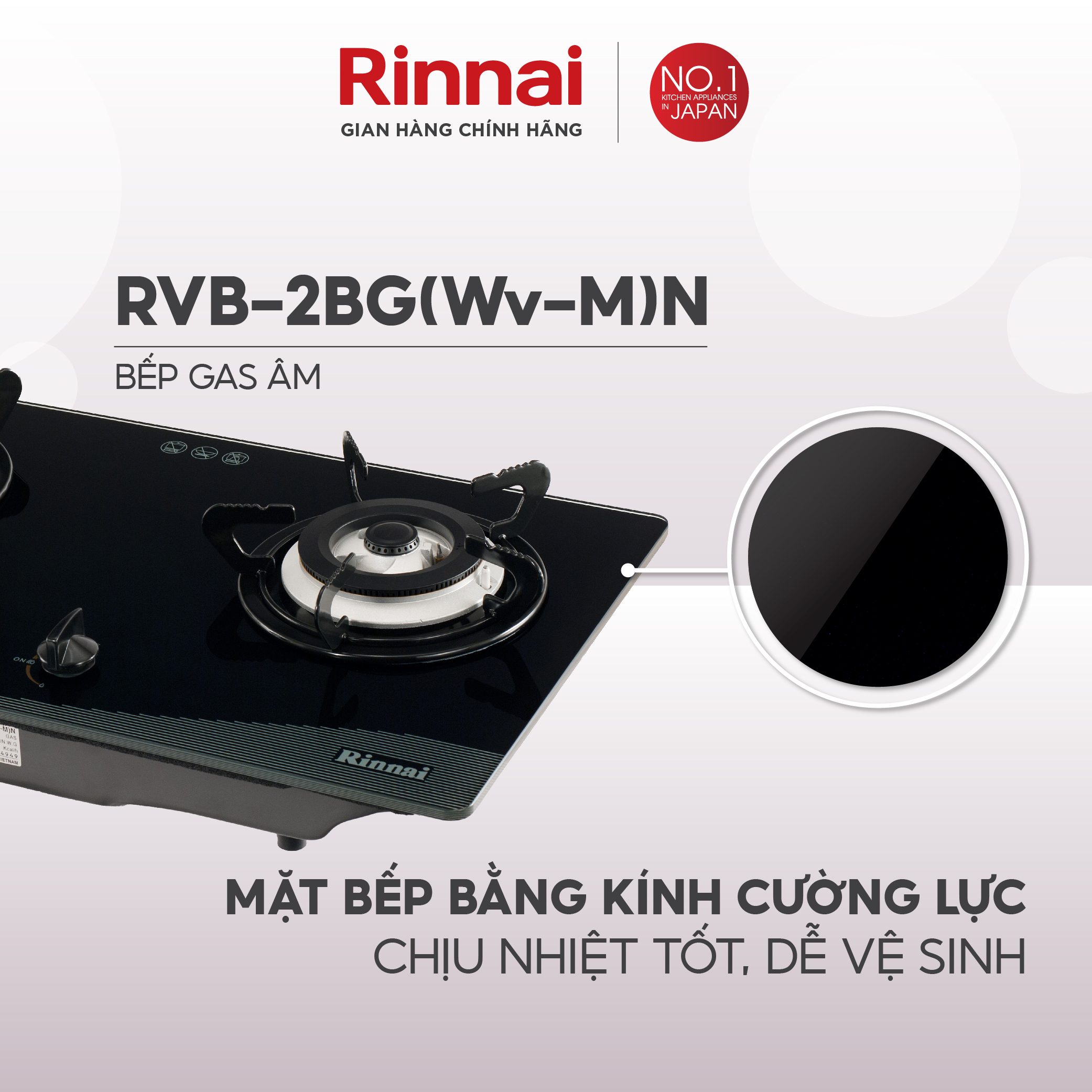 Bếp gas âm Rinnai RVB-2BG(Wv-M)N mặt bếp kính và kiềng bếp men - Hàng chính hãng.