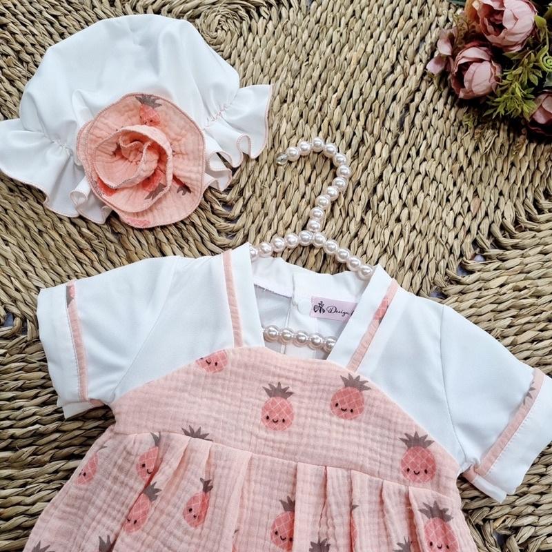 Body Hanbok Hoạ Tiết Quả Dứa Hồng Chất XÔ MUSLIN Mềm Mại Êm Dịu Cho Bé