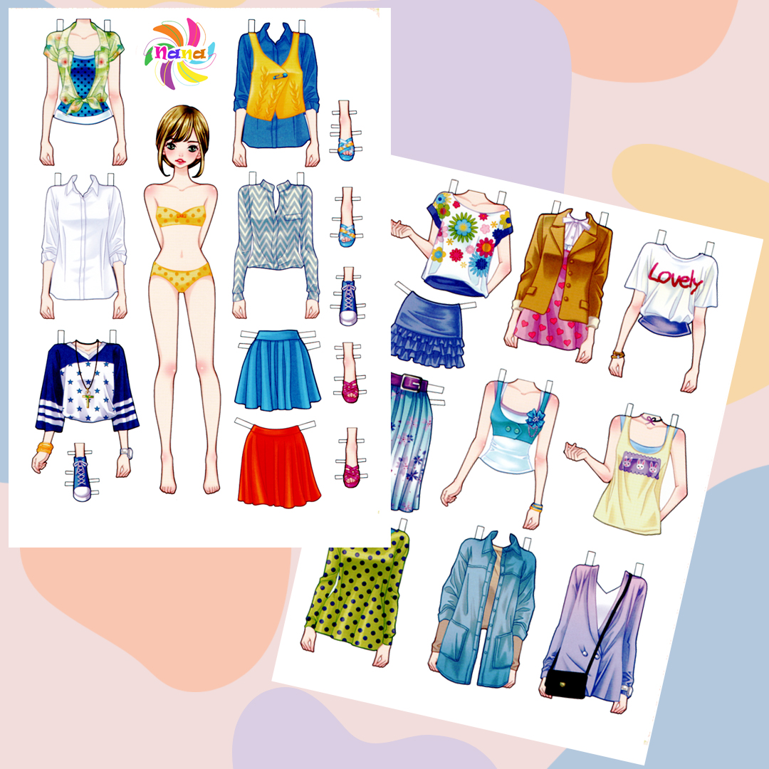 Búp bê giấy (paper doll)  thay đồ phong cách Hàn Quốc giấy cắt thủ công cho bé Combo 6 hình siêu đáng yêu BBG0020