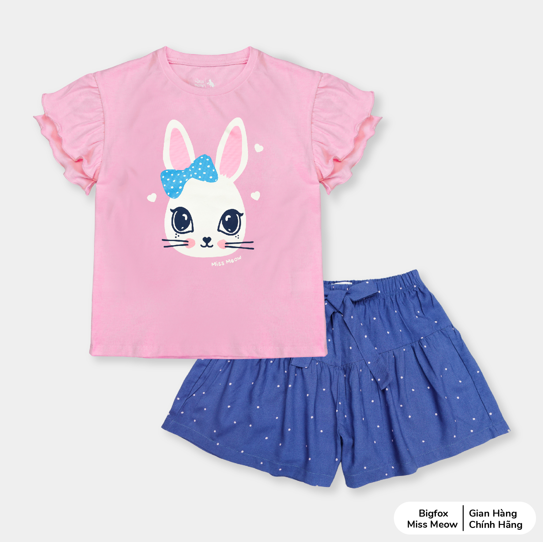 Đồ bộ cộc tay bé gái Bigfox Miss Meow size đại mùa hè vải cotton mềm mại in thỏ dễ thương cỡ 3-11 tuổi 30kg 40kg