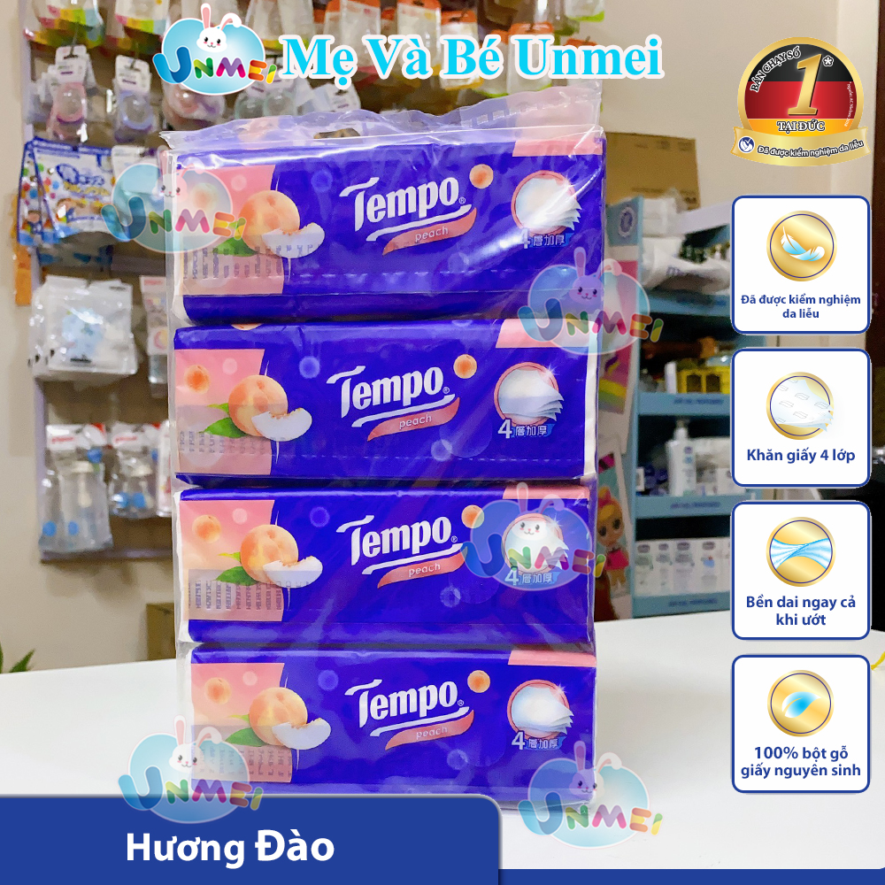 Lốc 4 Gói Khăn Giấy Cao Cấp Tempo Softpack Mùi Hương Đào, 4 Lớp, Không Gây Kích Ứng Da (90 Tờ/ Gói) - Thương Hiệu Đức