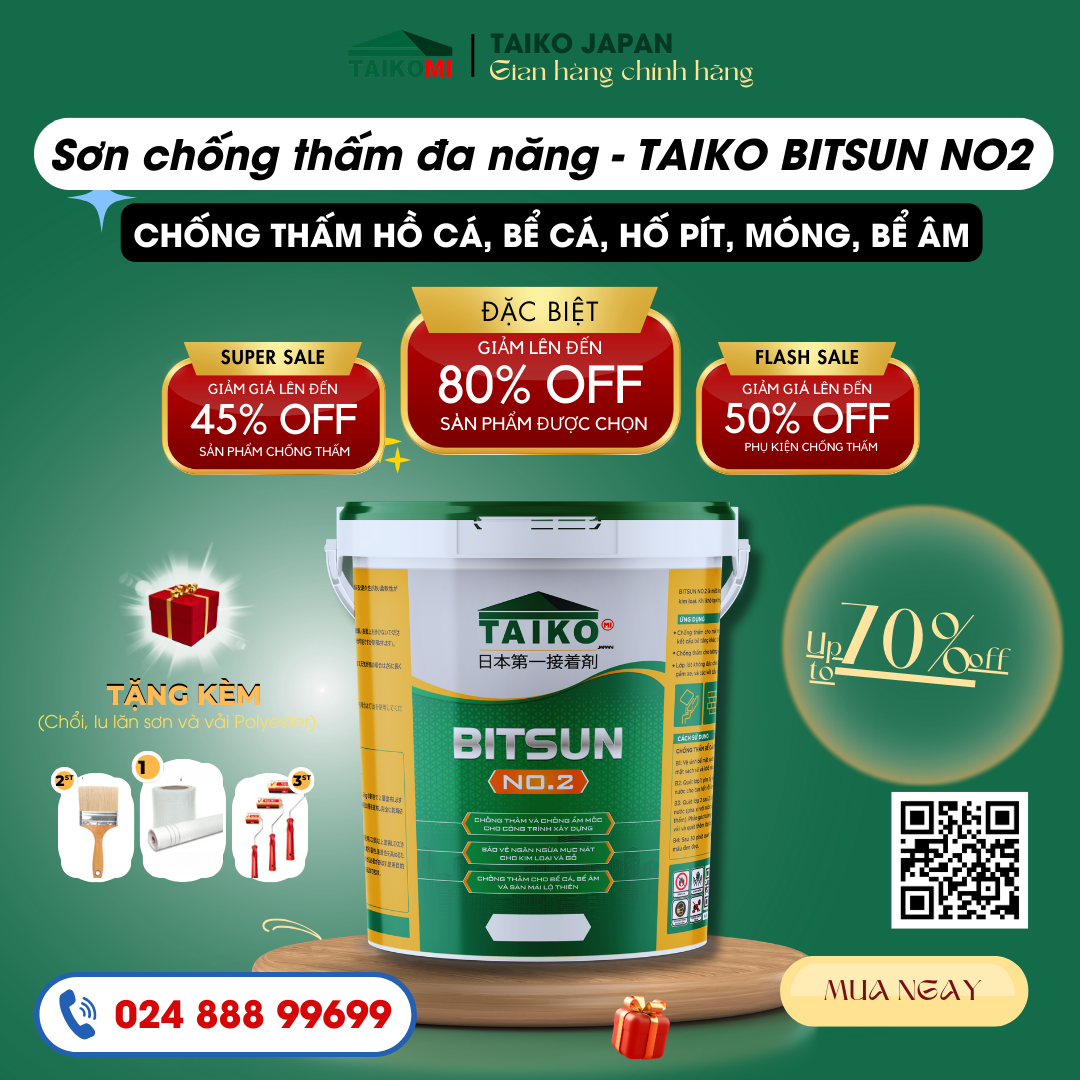 1 Lít Sơn Chống Thấm Đa Năng Gốc Bitum Taiko Bitsun No 2 - Keo Sơn Chống Thấm Bể Cá Koi, Sàn Mái Nhà, Móng Nhà, Bể Âm