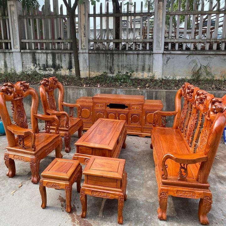Bộ bàn ghế minh quốc đào tay 12 gỗ hương đá