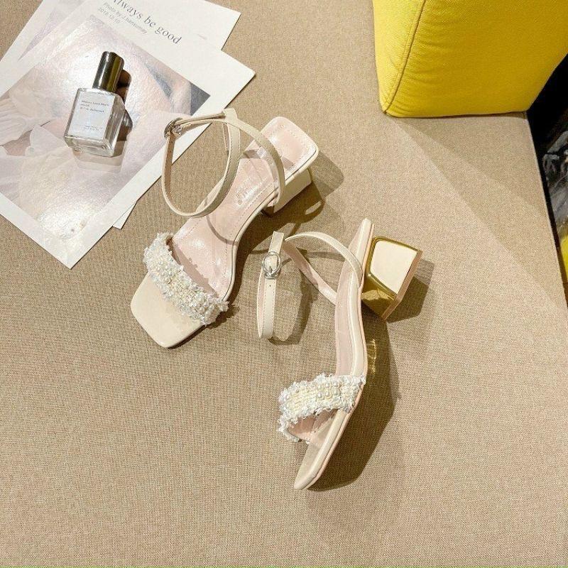 SANDAL QUAI XÙ ĐÍNH HẠT GÓT TRỤ ỐP MẠ - 4P