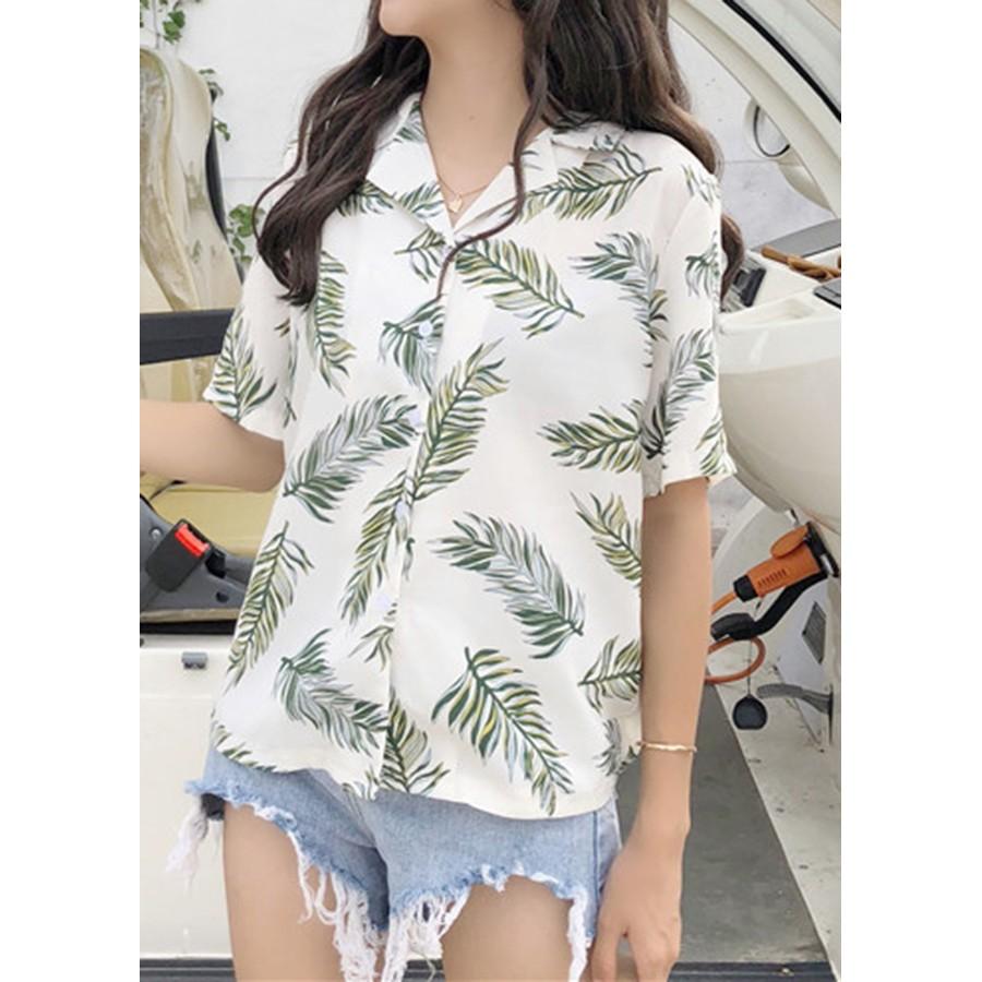 Áo sơ mi nữ tay cộc form rộng cổ 2 ve in hình là xanh, chất kate mềm mát, hàng nhập Quảng Châu