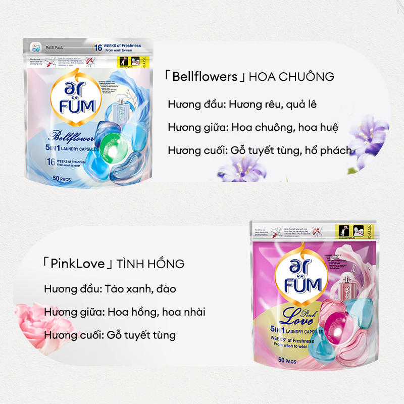 Viên giặt xả arFUM 5 trong 1 MỚI, tinh dầu nước hóa lưu hương lâu 16 tuần, khử khuẩn 99% -