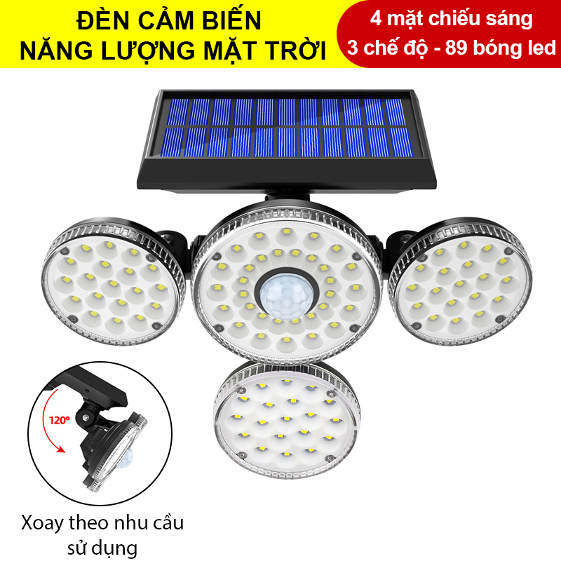 Đèn năng lượng mặt trời, đèn tường xoay 4 đầu 89LED, Thiết kế độc đáo -K1386