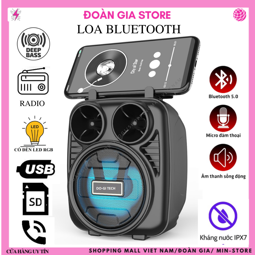 Loa Bluetoooth 5.0 DOGI-1182 có Truewireless và đài FM kèm công nghệ Smart Sound &amp; giá đỡ điện thoại và khe căm thẻ nhớ, USB và dung lượng pin khủng