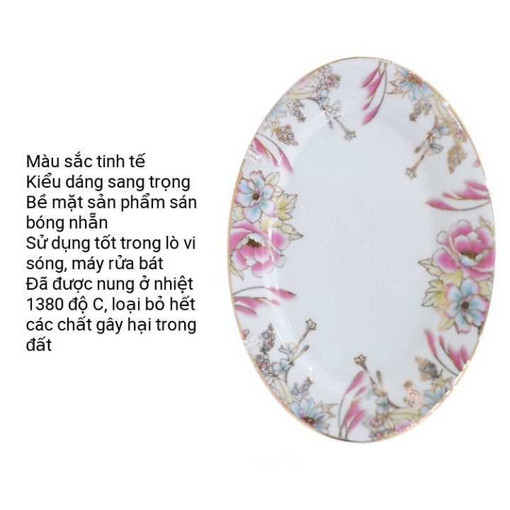 Đĩa Xoài Viền Vàng Họa Tiết Bông Lau Hồng Cao Cấp