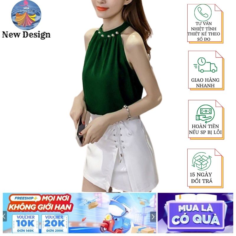 Áo hai dây ngọc trai cổ yếm mặc trong vest chất vải lụa satin, thoáng mát khi mặc - New Design AO0014