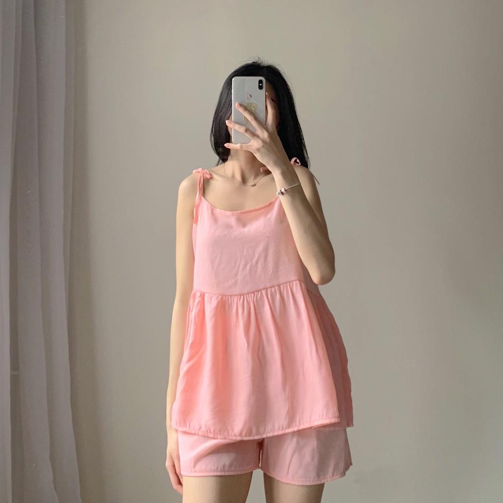 Set đồ ngủ áo 2 dây buộc nơ babydoll quần short đùi ống rộng, Pijama nhiều màu - Made by ToneOnTone TOT