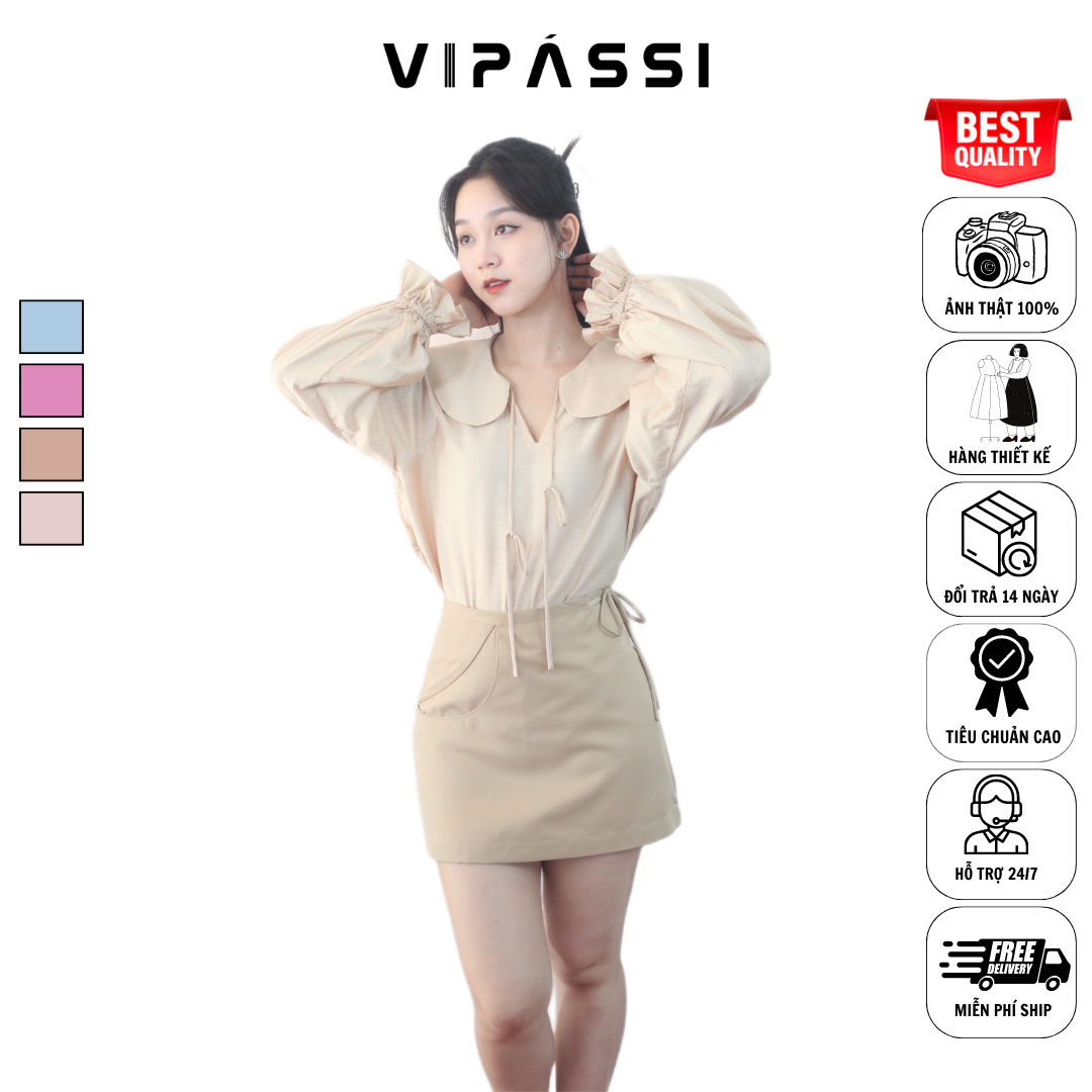 VIPÁSSI Áo Sơ Mi Nữ Cổ Sen Dây Thắt Nơ Dài Tay Phồng Bo Chun Linen Tơ