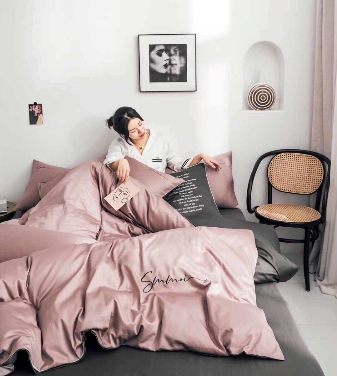Bộ chăn ga gối tencel - Màu hồng ruốc