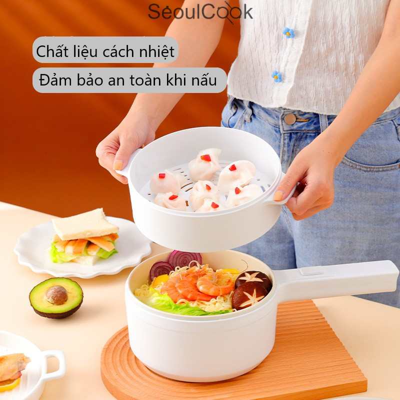 Nồi điện Seoulcook đa năng thông minh tráng men chống dính cao cấp công nghệ Hàn Quốc, kèm lồng hấp dùng nấu soup, chiên, rán…