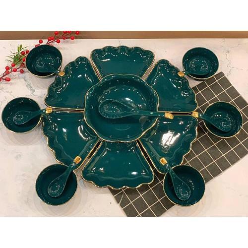 Bộ bát đĩa, bộ đồ ăn mặt trời cao cấp Bát Tràng 15 món : 1 tô 6 chén 6 đĩa 1 mắm 1 muối