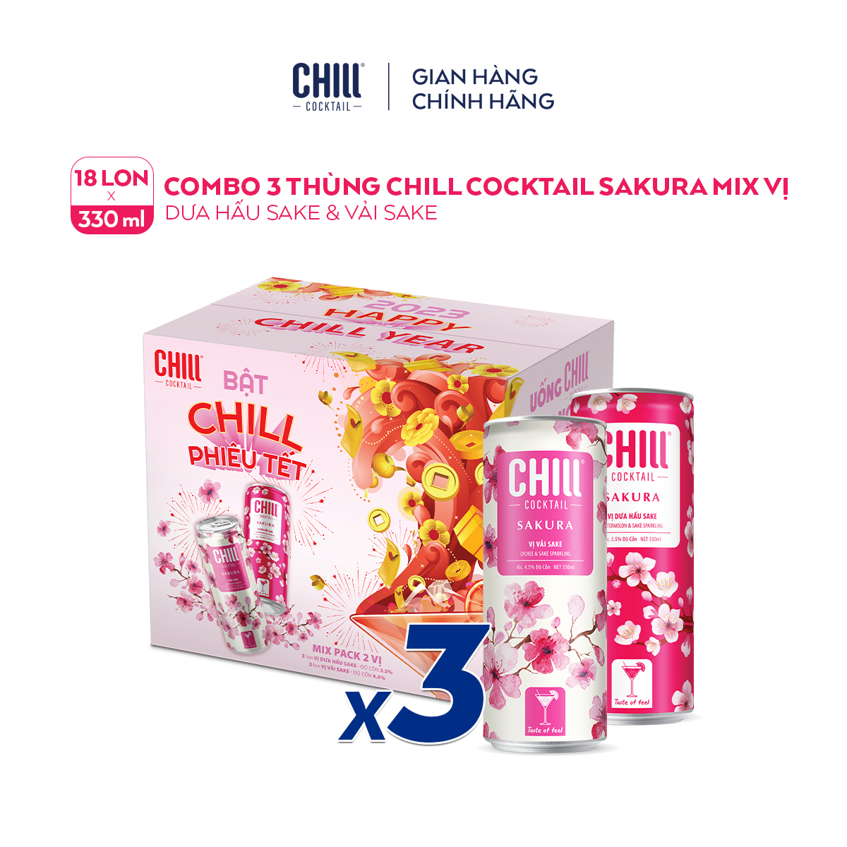 Combo 3 Thùng 6 lon Chill Cocktail Sakura mix vị Vải Sake &amp; Dưa Hấu Sake (18 lon x 330ml/lon)