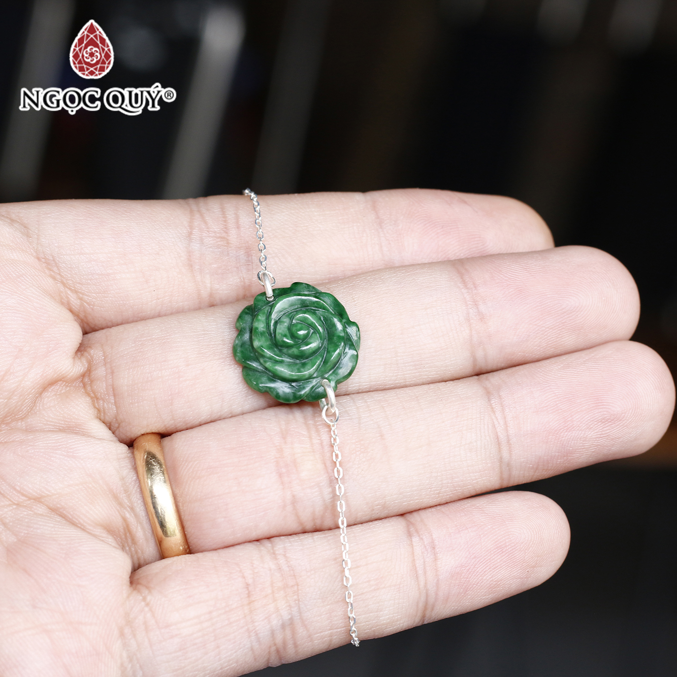 Lắc tay bạc hoa mẫu đơn đá cẩm thạch sơn thủy mệnh hỏa , mộc - Ngọc Quý Gemstones