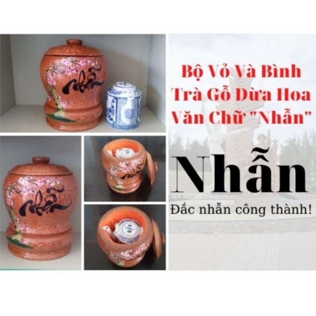 Bình Trà Gỗ Dừa Hoa Văn Lồng Chữ Nhẫn Và Bình Trà 700 - 950ml - Sản Phẩm Được Sản Xuất Tại Bến Tre