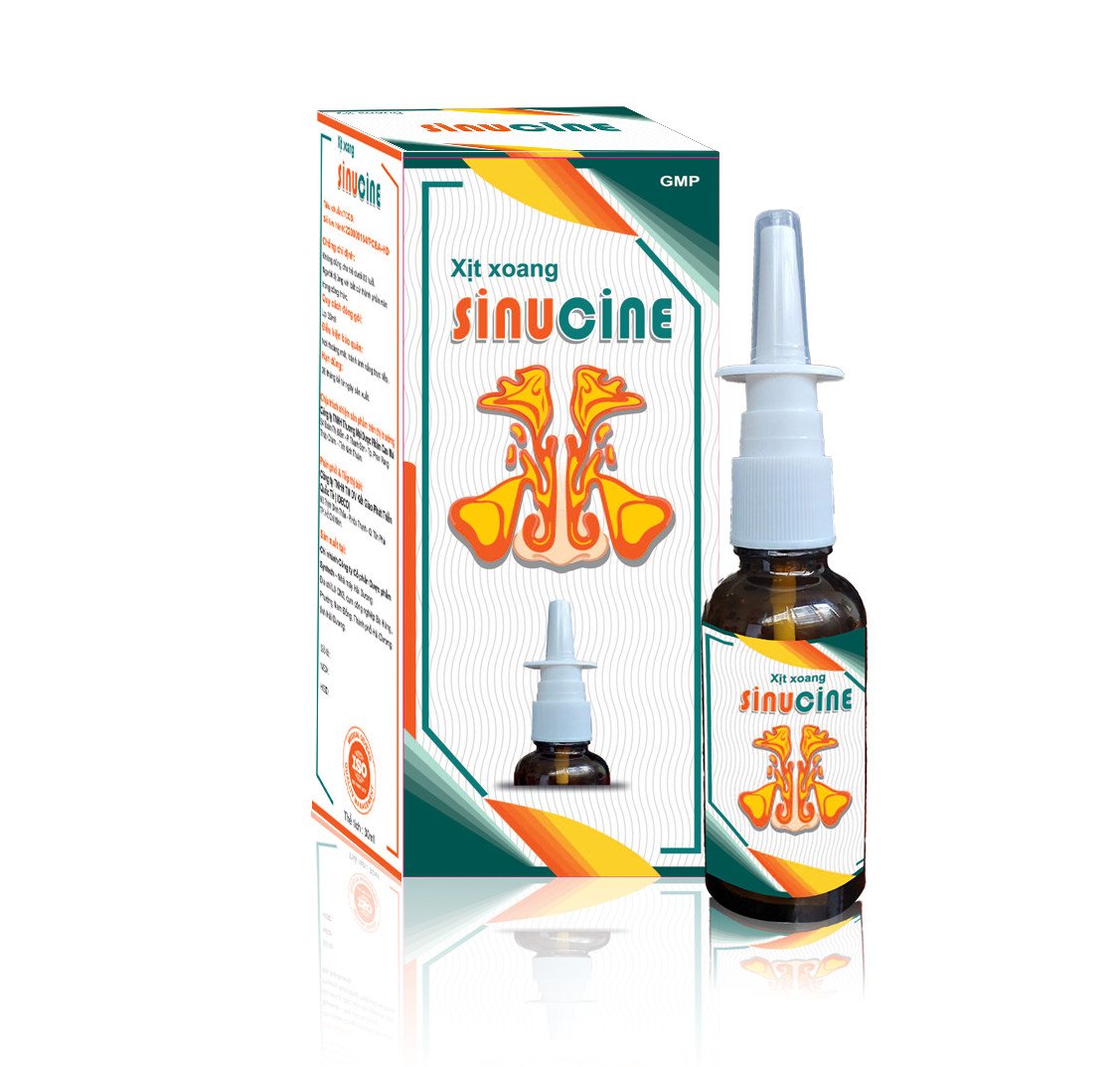 Xịt Xoang Sinucine - " Hỗ trợ làm sạch khoang mũi. Hỗ trợ ngừa khuẩn, kháng viêm và làm giảm triệu chứng sổ mũi, ngạt mũi, viêm VA, viêm xoang và viêm mũi dị ứng. Giúp khoang mũi thông thoáng dễ thở"
