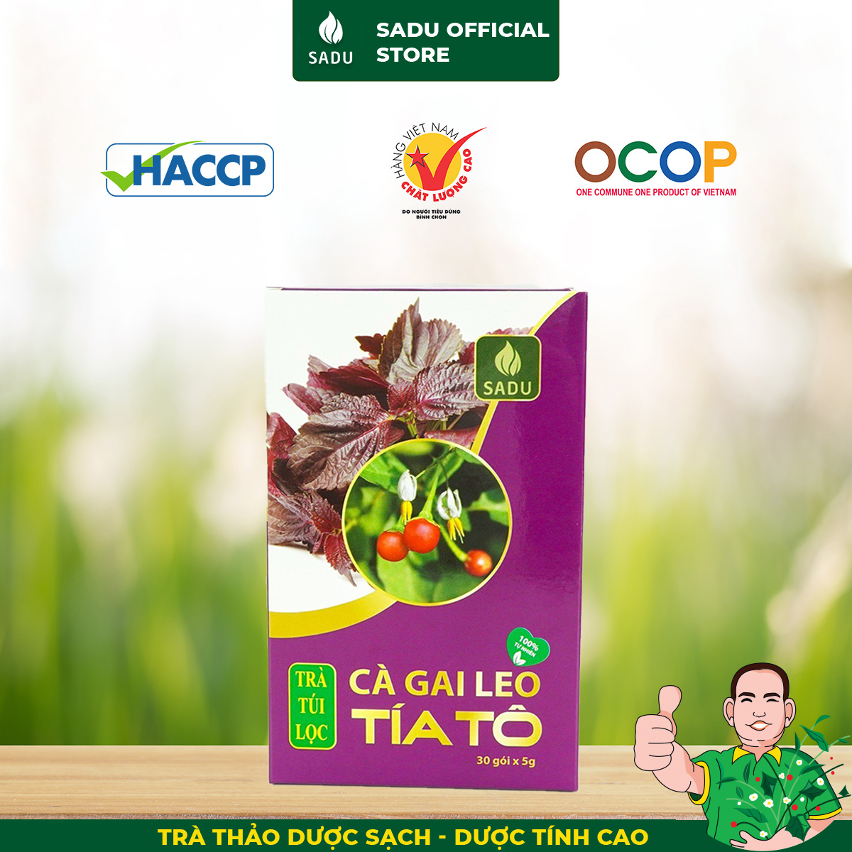 Hộp Trà cà gai leo tía tô Sadu gói 150g thanh nhiệt,thải độc,hỗ trợ giảm gout,giải cảm,giảm đau dạ dày