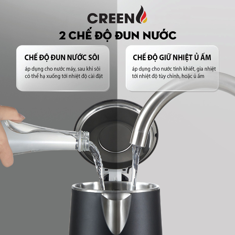 ( SIÊU PHẨM 2026 ) Ấm Siêu Tốc Khử Clo inox304 Creen CR-SW17B Dung Tích 1,7L Chuẩn Công Nghệ Đức - Điều Chỉnh Nhiệt Độ - Hàng Chính Hãng