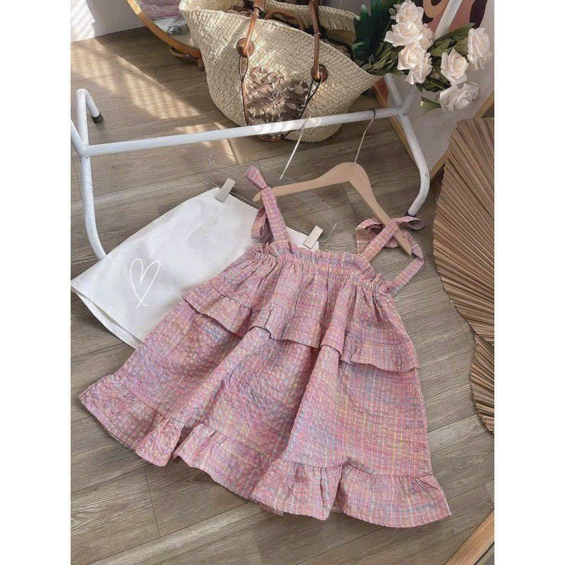 Áo hai dây babydoll caro nữ phối viền bèo tầng cột nơ vai phog cách Vintage siêu xinh chất vải kate, ÁO SƠ MI KẺ ĐỎ BÈO TÂNG 2S CHO NỮ, 