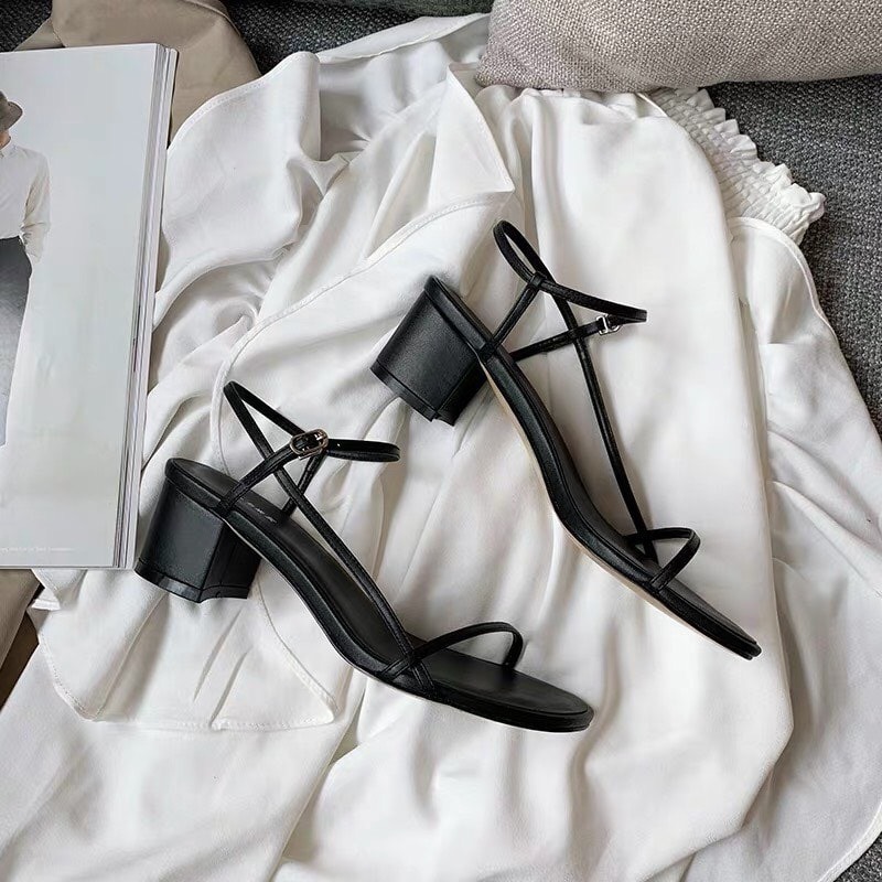 Giày Cao Gót Sandal Nữ Đẹp Gót 5 phân Da Mờ Cao Cấp Phong Cách Hàn Quốc Thiết Kế Dây Ngang Mảnh Phối Quai Cài Hở Đầu Gót Đế Vuông