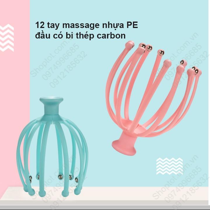 Dụng cụ massage đầu 12 tay làm nhựa PE đầu bi lớn 8mm bằng thép xoay 360 độ, chuyên massage trị liệu đau đầu, gối, vai