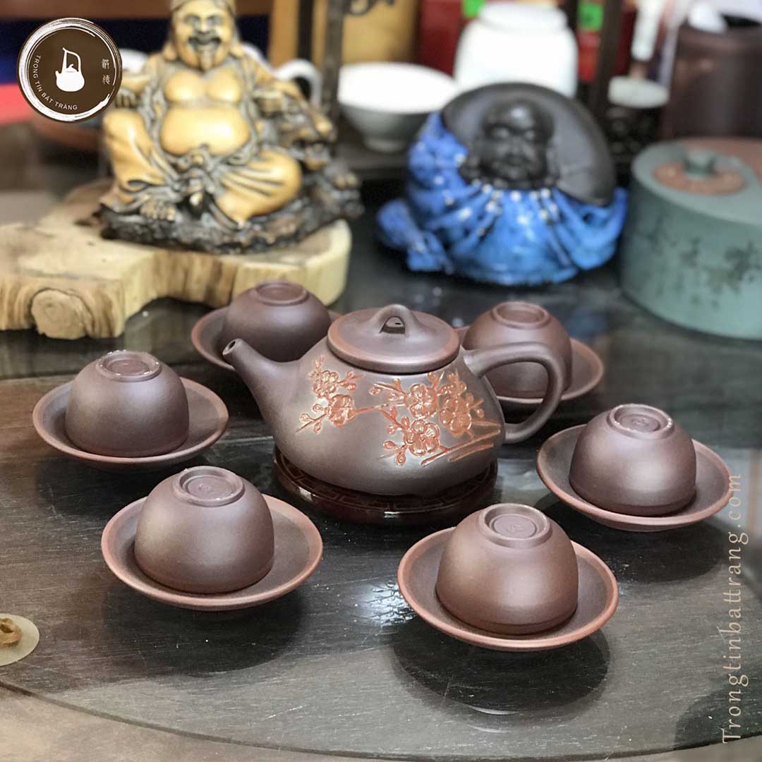 Bộ Ấm Chén Trà Đạo Gốm Tử Sa Bát Tràng Hoa Mai Dáng Thạch Biều Dung Tích 180ml AVMT 01