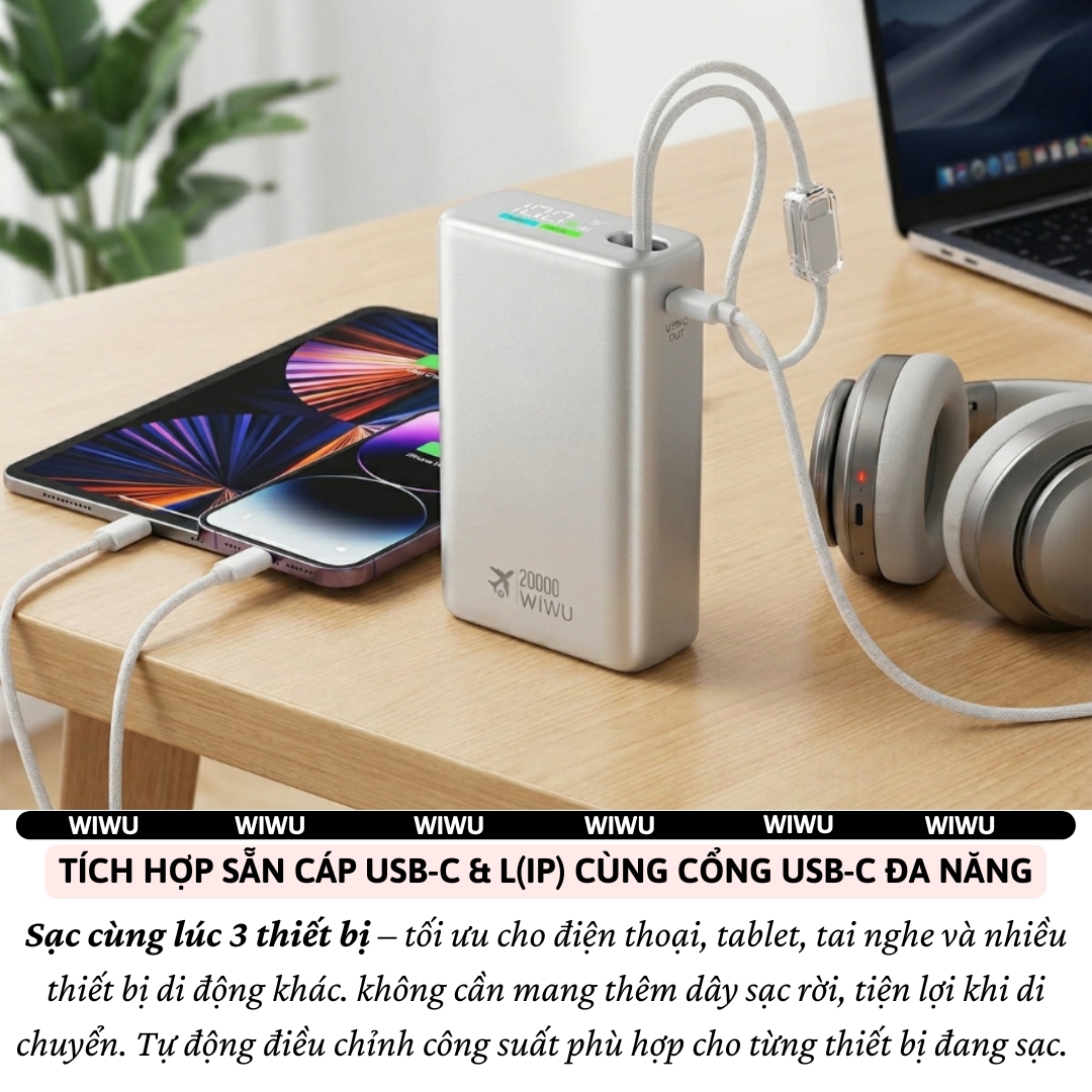 Pin sạc dự phòng PD 3.0 sạc nhanh 45W 20.000mAh tích hợp dây Type C + L(iP)  WIWU POWERPLUS Cho iPhone Laptop Macbook - sạc nhanh ổn định, tối ưu hiệu suất, Chuẩn an toàn 3C / CCC / CE / RoHS,  Thiết kế nhỏ gọn, cao cấp - Hàng nhập khẩu