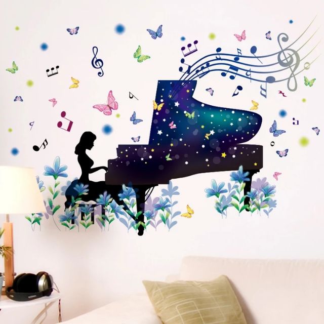 Decal dán tường Hươu xanh và cô gái đánh đàn - HP511
