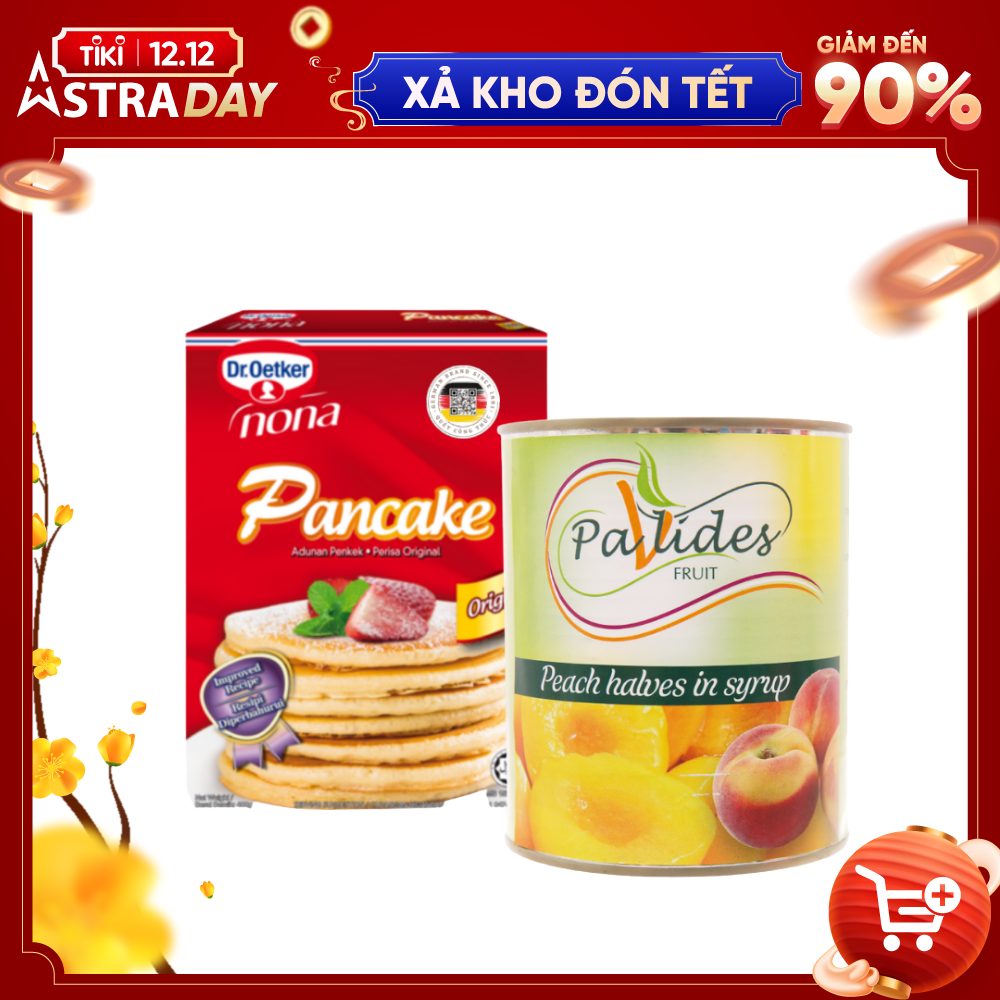 COMBO 1 Hộp Bột Làm Bánh Rán (Pancake) Pha Sẵn Dr. Oetker 400g + 1 Lon Đào Ngâm Đường Pavlides 820g