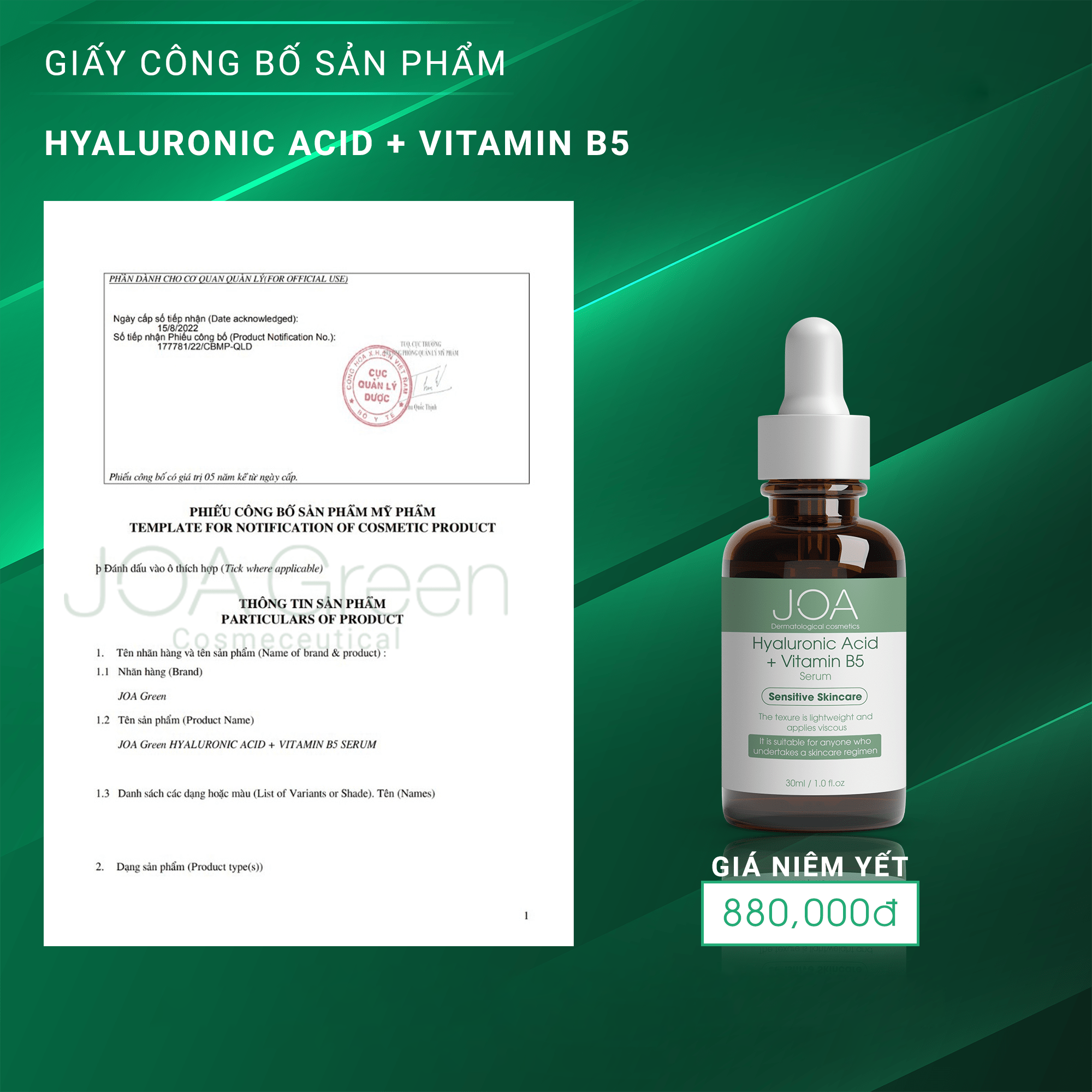 Serum Phục Hồi Da Hyaluronic Acid + Vitamin B5 - JOA GREEN 30ml, Serum B5 Tái Tạo Da Và Chống Lão Hoá - Mỹ Phẩm MS COSMETIC