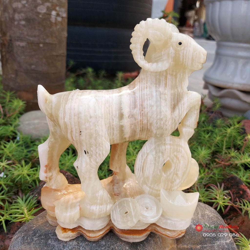 Tượng dê đồng tiền 12 con giáp phong thủy đá ngọc Pakistan 17cm đá Non Nước