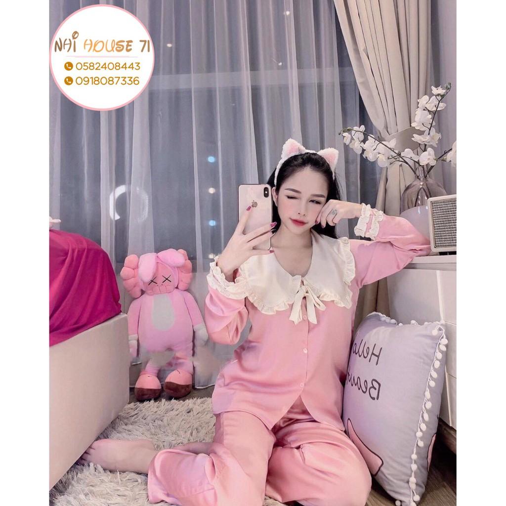 Bộ lụa Pijama - Bộ Quần Dài Tay Dài Lụa Satin Tiểu Thư Cổ Phối Bèo Nơ Freesize 45-65kg