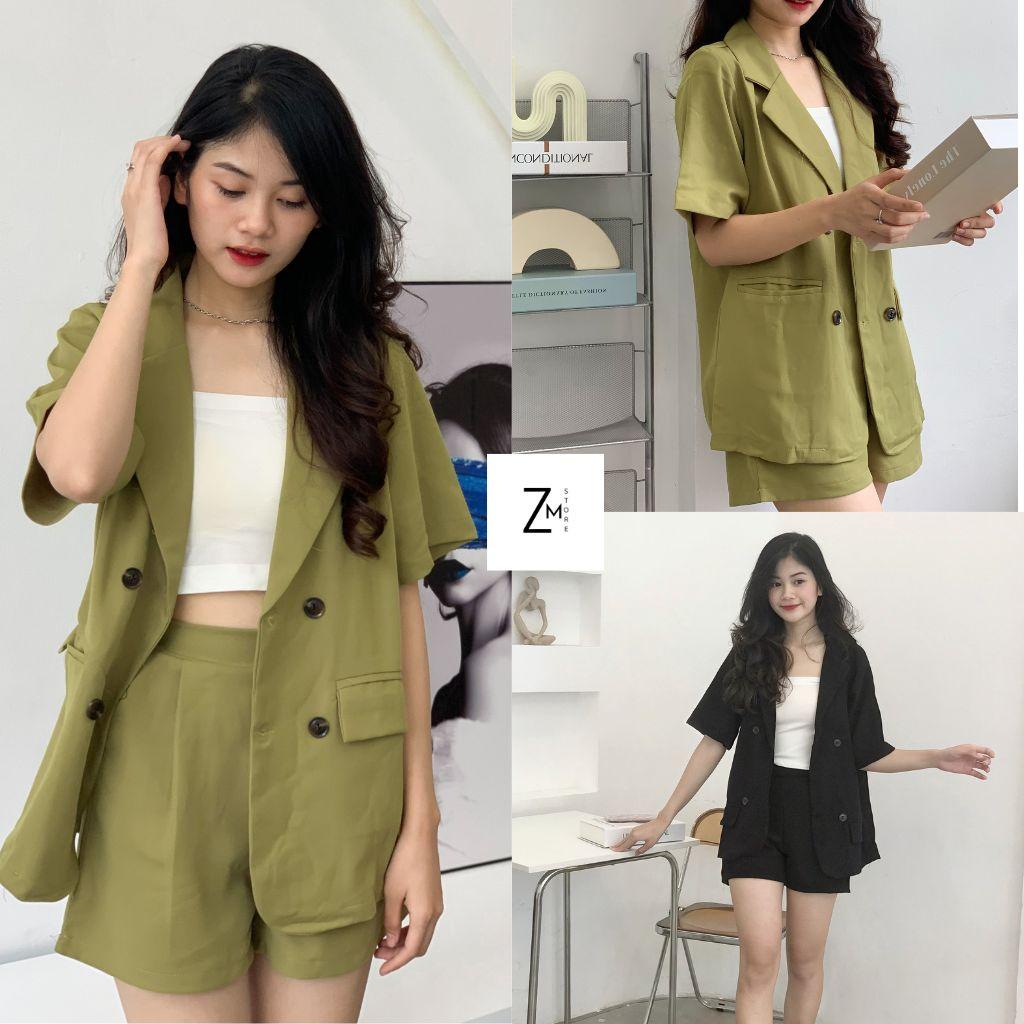 Set Áo Vest Blazer Cộc Tay Basic Kèm Quần Short Đùi Màu Trơn Thanh Lich Chuẩn Form Chất Đẹp Zmstore