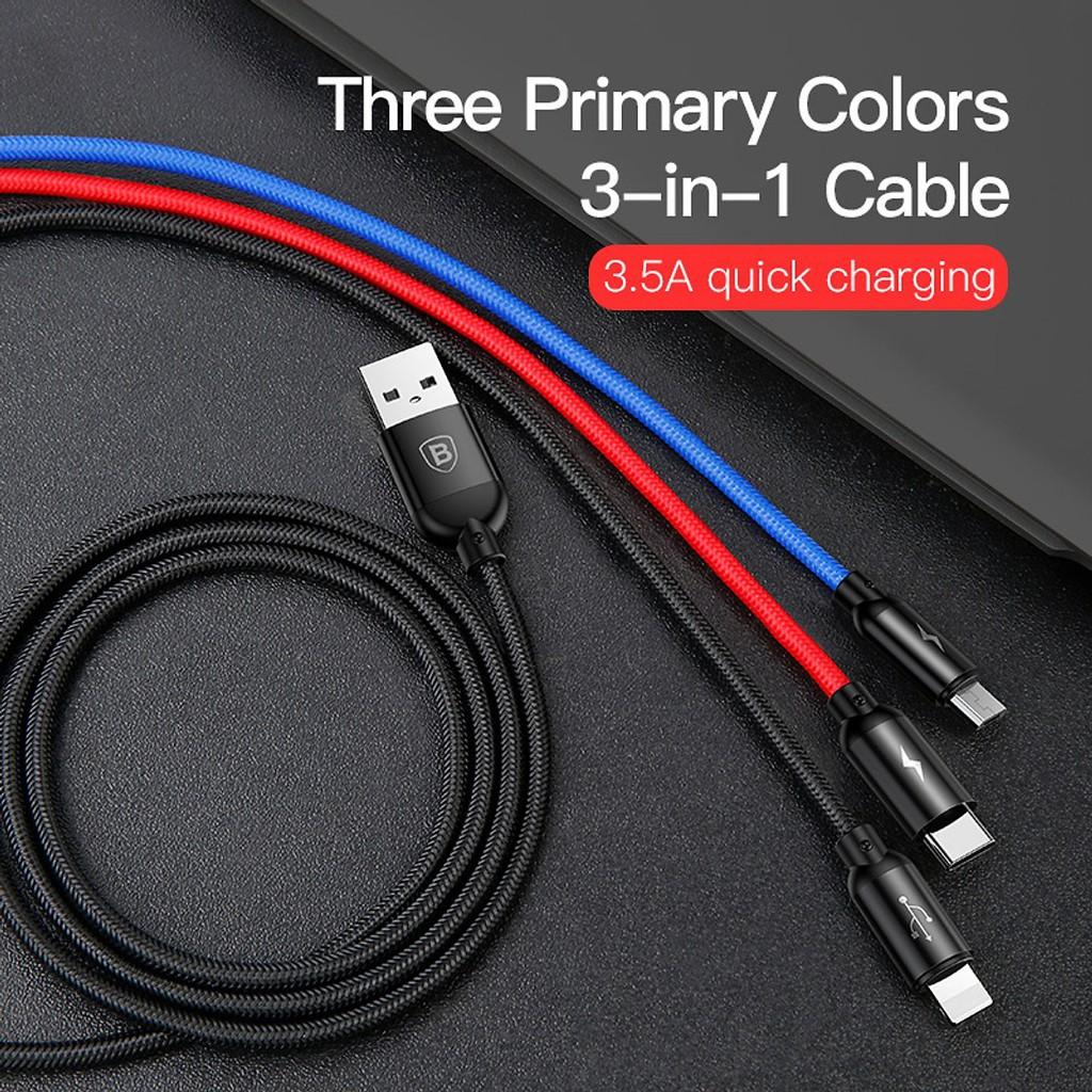 Cáp sạc nhanh Basues Three Primary Colors Basues - Cáp sạc 3 đầu tích hợp cổng TypeC, Micro, Lightning (3.5A max) - Hàng Chính Hãng