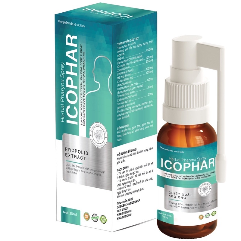 Xịt họng Xuyên Tâm Liên Icophar 30ml có chứa Keo ong Bạc Hà - Hỗ trợ giảm ho, giảm đờm do viêm họng, viêm phế quản
