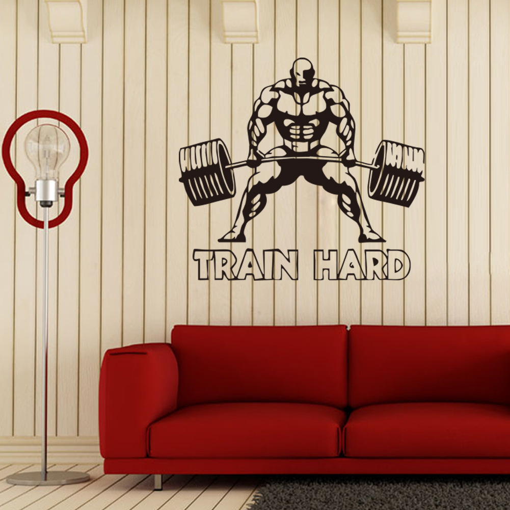 Decal Dán Tường Sticker Bodybuilding Gymer Gánh Tạ Train Hard Động Lực