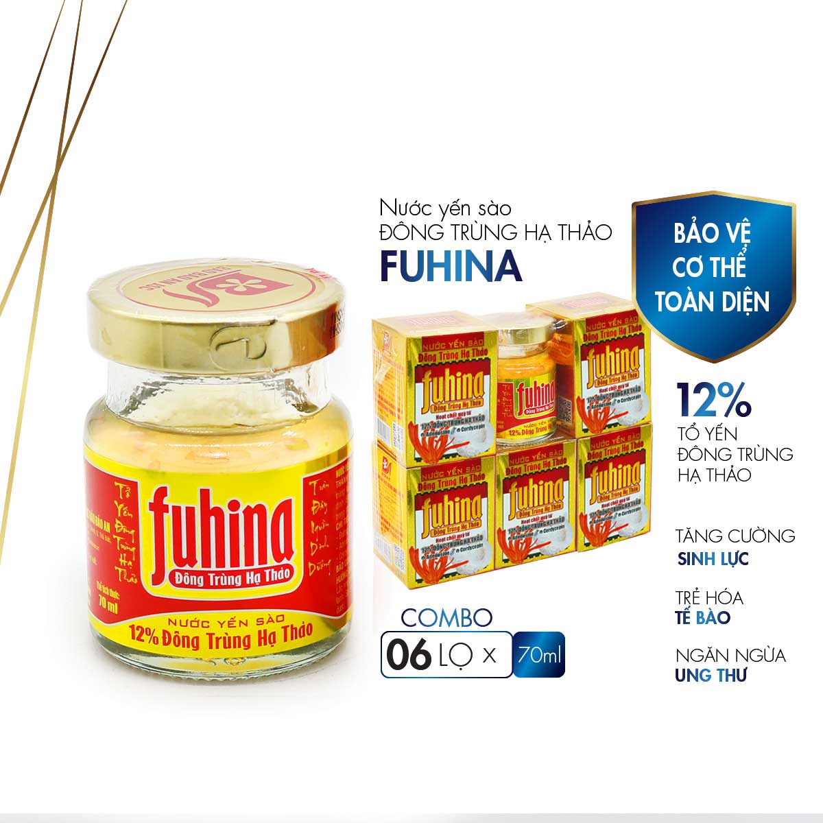 [Combo 5 lọ + TẶNG 1 lọ cùng loại ( 6 lọ x 70ml)] Nước yến sào Đông Trùng Hạ Thảo FUHINA 12%