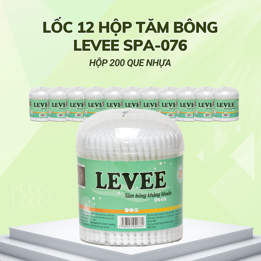 Lốc 12 hộp Tăm bông Levee người lớn thân nhựa hộp 200 que SPA-076