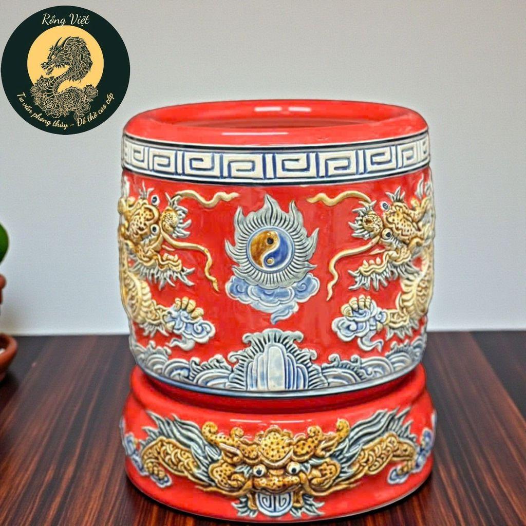 Bát Hương Rồng Đắp Nổi Cao Cấp Men Đỏ RỒNG VIỆT - Gốm Sứ Bát Tràng Bát Nhang Lư Hương Đẳng Cấp